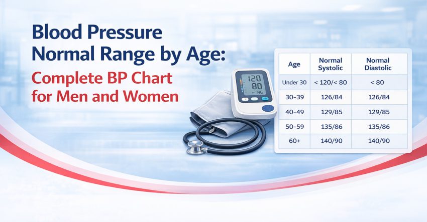 Blood pressure normal range by age chart for men and women with systolic and diastolic levels and digital BP monitor